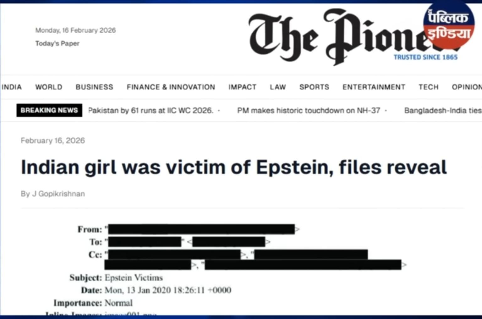 जेफ्री एप्सटिन फाईल मध्ये एक भारतीय अल्पवयीन बालिका पीडित;सहा वर्षांपासून दाबून ठेवले प्रकरण;द पायोनियरने उघड केले 