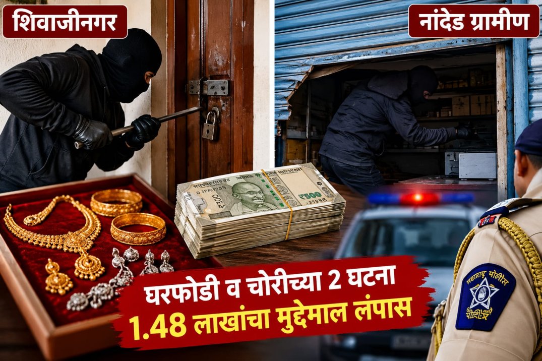 नांदेडमध्ये दोन ठिकाणी घरफोड्या; १.४८ लाखांचा मुद्देमाल लंपास