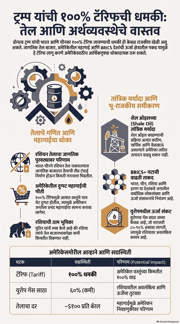 ट्रम्प यांचा १००% टॅरिफचा बनाव: रशियन तेलाची नाकेबंदी अमेरिकेलाच कशी महागात पडणार?